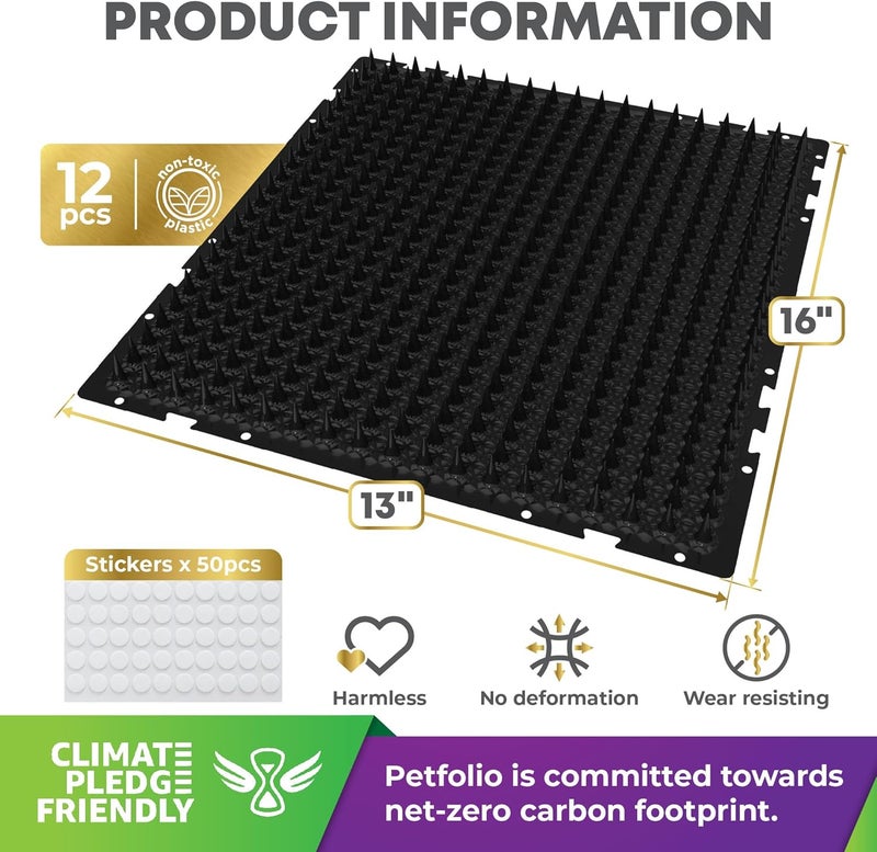 Petfolio 12 Pack Black Cat Spike Mat - 16" x 13" Scat Mat for Cats with 1" Spike is A Perfect Pet Deterrent for Indoor & Outdoor Cat Repellent to Deter Feral Cats & Dogs - Image 2